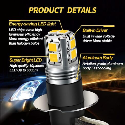 Ruiandsion H3 LED Fog Light Bulbs 6000K White Super Bright 2835 10SMD Chips 9-30V for Car Fog Lights(Pack of 2) in Saudi Arabia