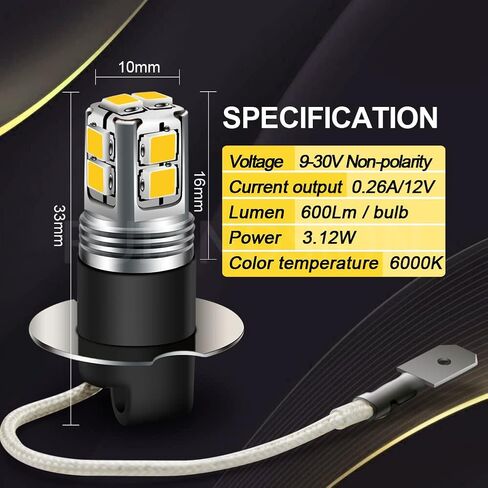 Ruiandsion H3 LED Fog Light Bulbs 6000K White Super Bright 2835 10SMD Chips 9-30V for Car Fog Lights(Pack of 2) in Saudi Arabia
