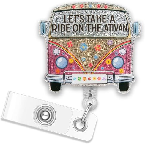 ERHACHAIJIA Let's Take A Ride On The Ativan Retractable Silver Glitter Badge Reel with Clip, Funny Flower Bus ID Card Badge Holder Gift for Nurse Doctor Hospice ICU ER Nurse Psych Nursing Anesthetist in Kuwait