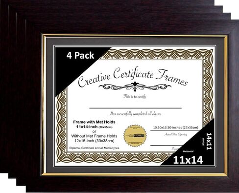 Creative Picture Frames 11x14 Majestic Mahogany with Gold Rim Certificate Diploma Rim Frame with Black Mat, Glass and Installed Hanger (Black Matting) in Kuwait