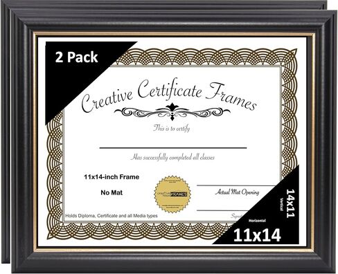 Creative Picture Frames 11x14 Rockefeller Black Certificate Diploma with Gold Rim Frame with White Mat 12x15 Frame includes Glass with Installed Hanger (White Matting) in Kuwait