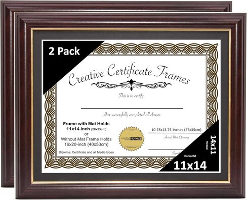 Creative Picture Frames 11x14 Mahogany Certificate Diploma with Gold Rim Frame No Mat with Easel (No Matting) in Kuwait