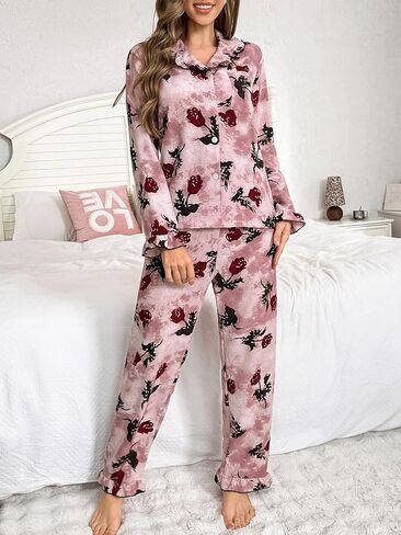 Pajamas for Women Sets Button Down Printed Pjs Long Sleeve Shirt and Pants Sleepwear Cute Loungewear in Saudi Arabia