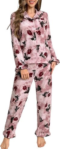 Pajamas for Women Sets Button Down Printed Pjs Long Sleeve Shirt and Pants Sleepwear Cute Loungewear in Saudi Arabia