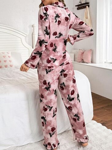 Pajamas for Women Sets Button Down Printed Pjs Long Sleeve Shirt and Pants Sleepwear Cute Loungewear in Saudi Arabia