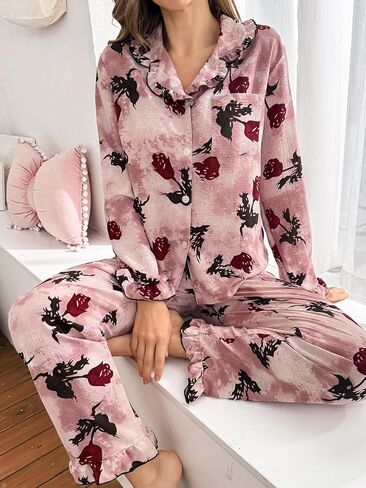 Pajamas for Women Sets Button Down Printed Pjs Long Sleeve Shirt and Pants Sleepwear Cute Loungewear in Saudi Arabia