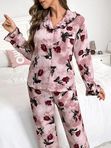 Pajamas for Women Sets Button Down Printed Pjs Long Sleeve Shirt and Pants Sleepwear Cute Loungewear in Saudi Arabia