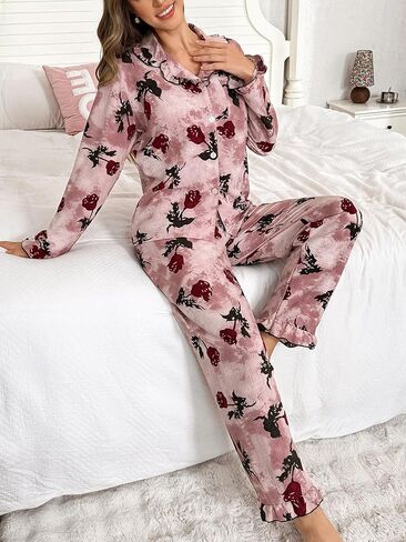 Pajamas for Women Sets Button Down Printed Pjs Long Sleeve Shirt and Pants Sleepwear Cute Loungewear in Saudi Arabia