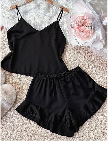 4-Piece Set Satin Pajamas Solid Color Suspender Trousers Shorts Sleepwear Light Comfortable Loungewear for Women in Saudi Arabia