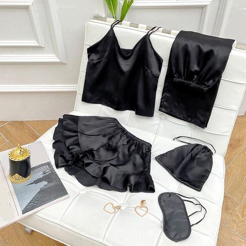 4-Piece Set Satin Pajamas Solid Color Suspender Trousers Shorts Sleepwear Light Comfortable Loungewear for Women in Saudi Arabia