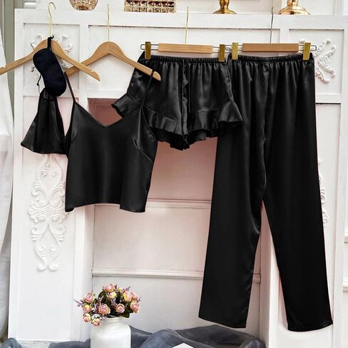 4-Piece Set Satin Pajamas Solid Color Suspender Trousers Shorts Sleepwear Light Comfortable Loungewear for Women in Saudi Arabia