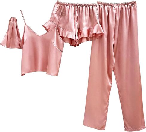 4-Piece Set Satin Pajamas Solid Color Suspender Trousers Shorts Sleepwear Light Comfortable Loungewear for Women in Saudi Arabia