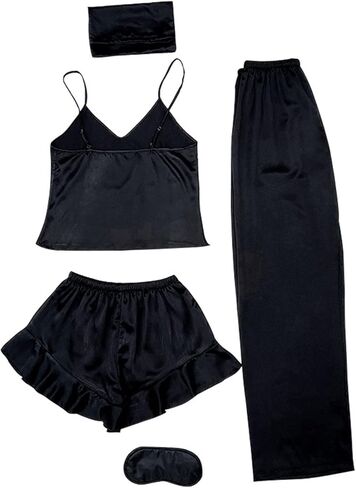 4-Piece Set Satin Pajamas Solid Color Suspender Trousers Shorts Sleepwear Light Comfortable Loungewear for Women in Saudi Arabia