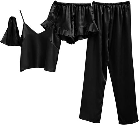 4-Piece Set Satin Pajamas Solid Color Suspender Trousers Shorts Sleepwear Light Comfortable Loungewear for Women in Saudi Arabia