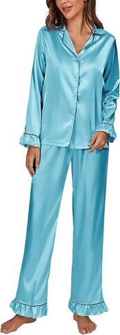 Women's Satin Silky Pajamas Set Collar Long Sleeve Shirt with Long Pant Set PJS Sleepwear in Saudi Arabia