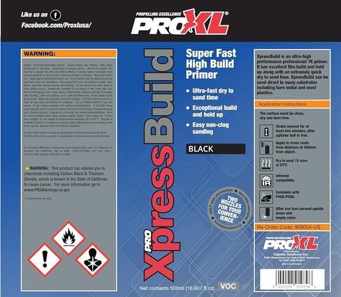 ProXL XpressBuild Super High Build Black Primer Aerosol - 500 ml | Ultra Fast-Drying Black Primer Filler | Fills Scratches & Sanding Marks | Excellent Adhesion on Metal & Plastic | Sandable in 20 Minutes | Vari-Nozzle Included in Kuwait