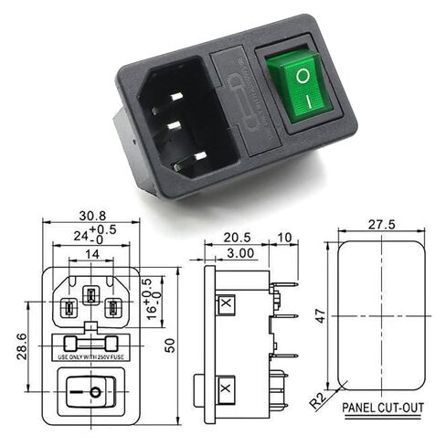 وحدة مدخل طاقة تيار متردد مثبتة على لوحة مكونة من 3 قطع مع صمامات ومفتاح متأرجح وضوء أخضر، مقبس IEC C14 بقدرة 250 فولت 10 أمبير للتثبيت الكهربائي in Kuwait