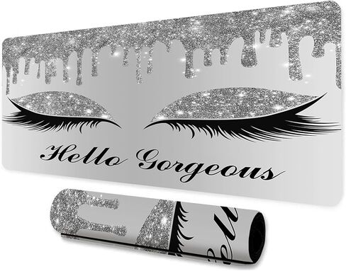 Hello Gorgeous لوحة ماوس كبيرة مقاس 31.5 × 11.8 × 0.12 بوصة باللون الأبيض والفضي اللامع ونجمة قطرة الماء ونمط رموش العين ولوحة ماوس للألعاب لمكتب الاستوديو ومكتب الكمبيوتر BDLSMN124 in Kuwait