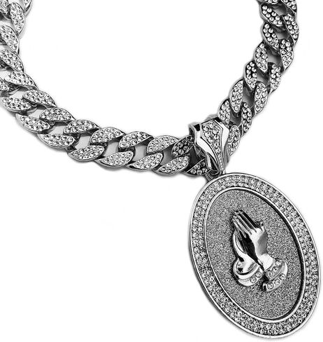 White Gold Plated Praying Hands Oval Pendant & 15mm 16" 18" 20" 24" Iced Cuban Chain Bling Hip Hop Necklace in Saudi Arabia