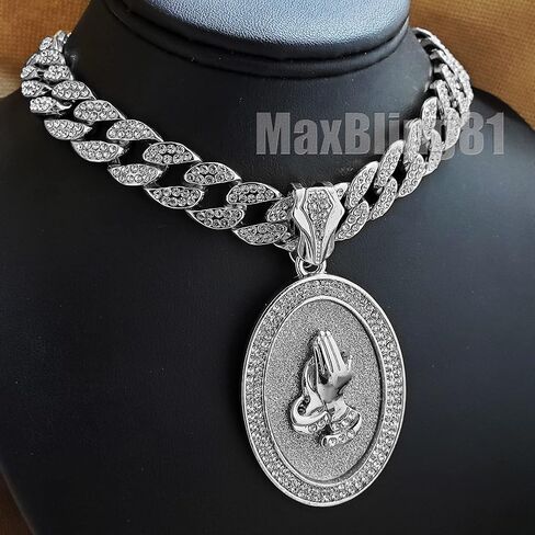White Gold Plated Praying Hands Oval Pendant & 15mm 16" 18" 20" 24" Iced Cuban Chain Bling Hip Hop Necklace in Saudi Arabia