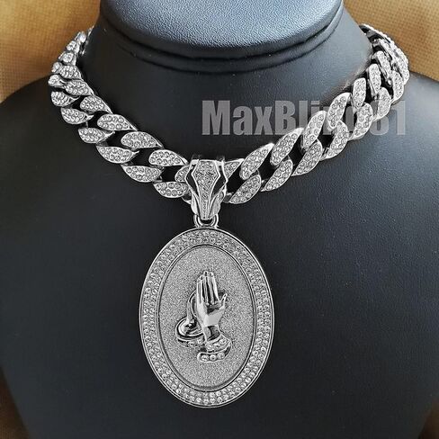 White Gold Plated Praying Hands Oval Pendant & 15mm 16" 18" 20" 24" Iced Cuban Chain Bling Hip Hop Necklace in Saudi Arabia