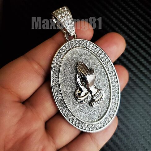 White Gold Plated Praying Hands Oval Pendant & 15mm 16" 18" 20" 24" Iced Cuban Chain Bling Hip Hop Necklace in Saudi Arabia