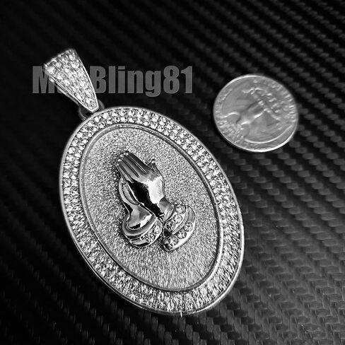 White Gold Plated Praying Hands Oval Pendant & 15mm 16" 18" 20" 24" Iced Cuban Chain Bling Hip Hop Necklace in Saudi Arabia