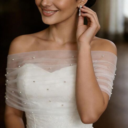Pearl Shawl Wrap Shrug Bridal Cape Sheer Tulle Elegant Wedding Cape Dress Cover Up for Women Girls in Kuwait