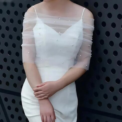 Pearl Shawl Wrap Shrug Bridal Cape Sheer Tulle Elegant Wedding Cape Dress Cover Up for Women Girls in Kuwait