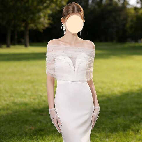 Pearl Shawl Wrap Shrug Bridal Cape Sheer Tulle Elegant Wedding Cape Dress Cover Up for Women Girls in Kuwait