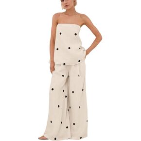 Women Polka Dot 2 Piece Outfits Spot Strapless Tube Top High Waist Wide Leg Pants Casual Lounge Set in Kuwait