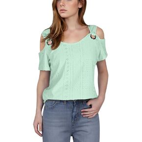 Eyelet Tops for Women 2026 Trendy Summer Cold Shoulder Blouses Casual Loose V Neck Shorts Sleeve Shirts in Kuwait