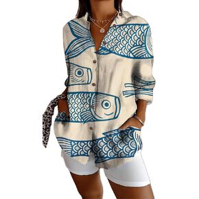 Womens Tops Long Sleeve Shirts Casual Botton Down Floral Printed V Neck Collared Dressy Blouses L Blue Fish in Kuwait