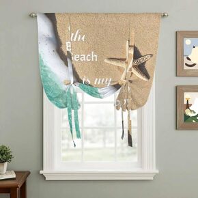 Blue Ocean Tie Up Curtains for Window, Beige Starfish Beach Sunshine Text Thermal Insulated Balloon Shade Adjustable Rod Pocket Curtains Valance Panels for Kitchen Bathroom Café 42'' x 45'' in Saudi Arabia
