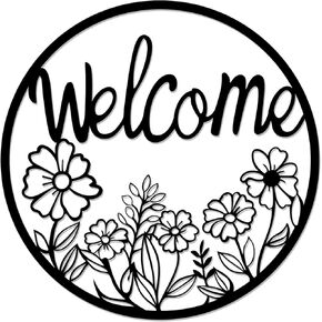 ATSKIM علامة ترحيب في الهواء الطلق للباب الأمامي، علامة باب معدنية سوداء للترحيب، لافتة دائرية معلقة معدنية لتزيين الحائط للشرفة الأمامية الخارجية وغرفة المعيشة والمكتب المنزلي (أسود) (أسود) in Kuwait