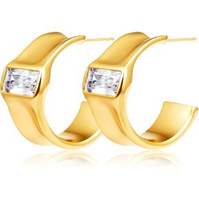 أقراط دائرية ذهبية مكتنزة للنساء 18 قيراط مطلية بالذهب مكعب زركونيا سميكة متوسطة الحجم مع عمود من الفضة الإسترليني عيار 925 لا يسبب الحساسية in Kuwait