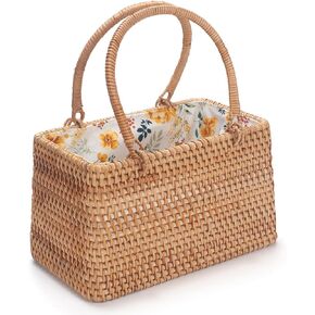 حقيبة يد من الروطان للنساء، حقيبة يد منسوجة يدويًا بمقبض علوي، وحقيبة صيفية ومحفظة للسفر والعطلات والزفاف (بطانة من زهرة رنين الرياح) in Kuwait