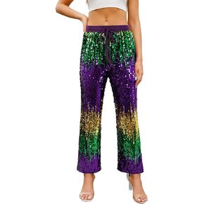 Aelidiya Women's Glitter Sequin Long Loose Pants Bling Party Clubwear Elastic Drawstring Casual Pants in Kuwait