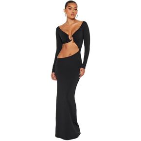 Women Sexy Hollow Out Bodycon Dress Long Sleeve Belly Cutout Maxi Long Dresses for Cocktail Party Festival Dress in Kuwait