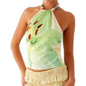 Backless Halter Tops for Women Y2k Sleeveless Open Back Tie Up Floral Print Camisole Silk Satin Going Out Top in Kuwait