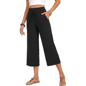 ZOOSIXX Capri Pants for Women - Palazzo Pants Casual Wide Leg Trousers with Pockets Summer High Waisted Drawstring Pants in Kuwait