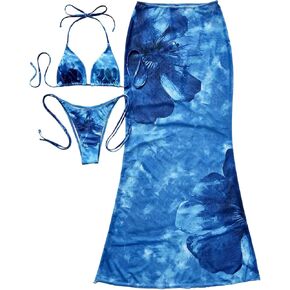 GORGLITTER Women's Floral Halter String Bathing Sets 3 Piece Tie Halter Triangle Bikini Sets with Beach Cover Up Skirt in Saudi Arabia