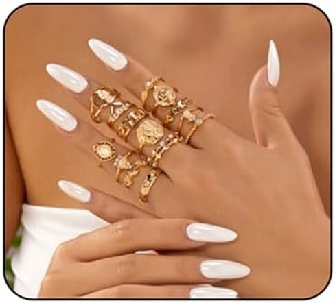 Chunky Gold Opal Stackable Rings Set Vintage Coin Cross Pattern Heart Rings Boho Knuckle Crystal Statement Rings Set Fashion Jewelry Accessaries for Women in Saudi Arabia