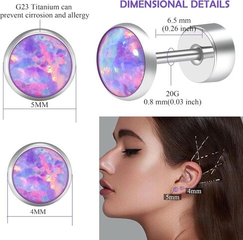 Opal Stud Earrings for Women G23 Titanium Hypoallergenic Earrings Round Flat Back Ear Studs Minimalist Everyday Earring 3MM/4MM/5MM Available in Saudi Arabia