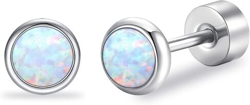 Opal Stud Earrings for Women G23 Titanium Hypoallergenic Earrings Round Flat Back Ear Studs Minimalist Everyday Earring 3MM/4MM/5MM Available in Kuwait