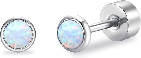 Opal Stud Earrings for Women G23 Titanium Hypoallergenic Earrings Round Flat Back Ear Studs Minimalist Everyday Earring 3MM/4MM/5MM Available in Saudi Arabia