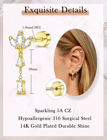 Helix Tragus Conch Piercing Jewelry Cartilage Earrings for Women Flat Back Hypoallergenic in Saudi Arabia