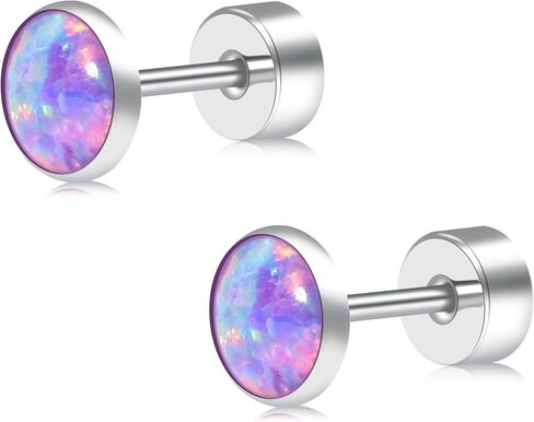 Opal Stud Earrings for Women G23 Titanium Hypoallergenic Earrings Round Flat Back Ear Studs Minimalist Everyday Earring 3MM/4MM/5MM Available in Saudi Arabia