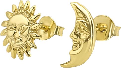 Silverly Gold Plated Smiling Sun and Crescent Moon Stud Earrings - Small Celestial Gold Mismatched Studs - Asymmetric Fun Summer Jewelry for Women - Hypoallergenic Ear Party Jewelry in Saudi Arabia