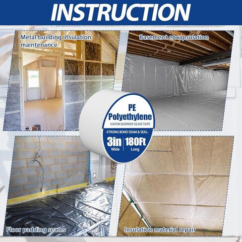 Treela 6 Rolls Vapor Barrier Tape 4" x 180' 9 Mil White Polyethylene Tape, Moisture Barrier Vapor Seam for Crawl Spaces Underlayment Insulation Plastic Liners More in Saudi Arabia